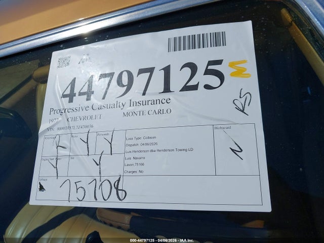 44797125 :رقم المزاد ، 1H57L7Z430036 vin ، 1977 Chevrolet Monte Carlo مزاد بيع