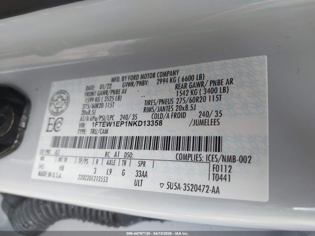 Продажа на аукционе авто 2022 Ford F-150 Lariat, vin: 1FTEW1EP1NKD13358, номер лота: 44797130