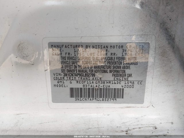 Продажа на аукционе авто 2016 Nissan Versa 1.6 S+, vin: 3N1CN7AP9GL852799, номер лота: 44797136