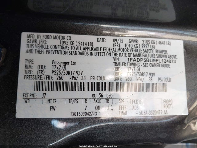 44797141 :رقم المزاد ، 1FADP5BU9FL124873 vin ، 2015 Ford C-max Hybrid Sel مزاد بيع