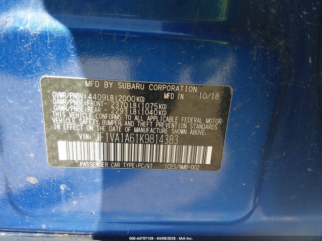 Продажа на аукционе авто 2019 Subaru Wrx, vin: JF1VA1A61K9814383, номер лота: 44797159