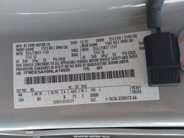 44797169 :رقم المزاد ، 1FMDE5AH9NLA74555 vin ، 2022 Ford Bronco Big Bend مزاد بيع