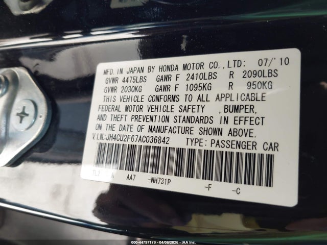 2010 Acura Tsx 2.4 მანქანა იყიდება აუქციონზე, vin: JH4CU2F67AC036842, აუქციონის ნომერი: 44797179