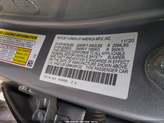 Продаж на аукціоні авто 2021 Honda Accord Sport 2.0t, vin: 1HGCV2F32MA006122, номер лоту: 44797183