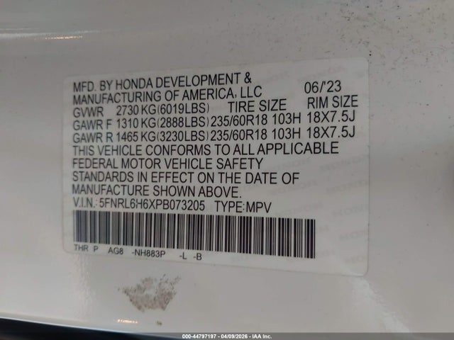 5FNRL6H6XPB073205 Honda Odyssey Ex-l
