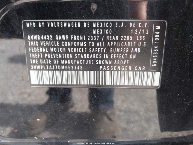 2013 Volkswagen Jetta Sportwagen 2.0l Tdi მანქანა იყიდება აუქციონზე, vin: 3VWPL7AJ7DM652748, აუქციონის ნომერი: 44797199