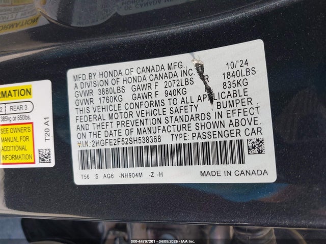 Продажа на аукционе авто 2025 Honda Civic Sport, vin: 2HGFE2F52SH538368, номер лота: 44797201