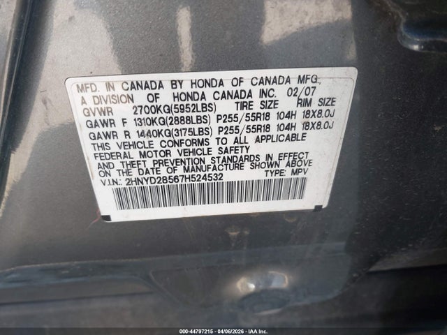 44797215 :رقم المزاد ، 2HNYD28567H524532 vin ، 2007 Acura Mdx Sport Package مزاد بيع