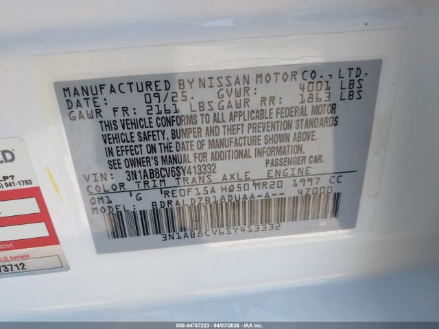 Aukcja sprzedaży 2025 Nissan Sentra Sv, vin: 3N1AB8CV6SY413332, numer aukcji: 44797223