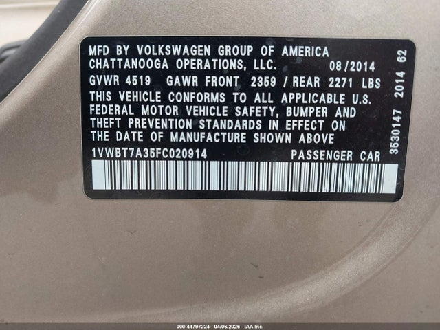 44797224 :رقم المزاد ، 1VWBT7A35FC020914 vin ، 2015 Volkswagen Passat 1.8t Se مزاد بيع