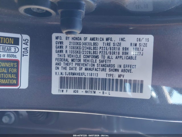 Aukcja sprzedaży 2015 Honda Cr-v Touring, vin: 5J6RM4H9XFL118113, numer aukcji: 44797225