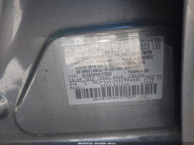 44797230 :رقم المزاد ، 3N1AB7AP8HY279009 vin ، 2017 Nissan Sentra S مزاد بيع