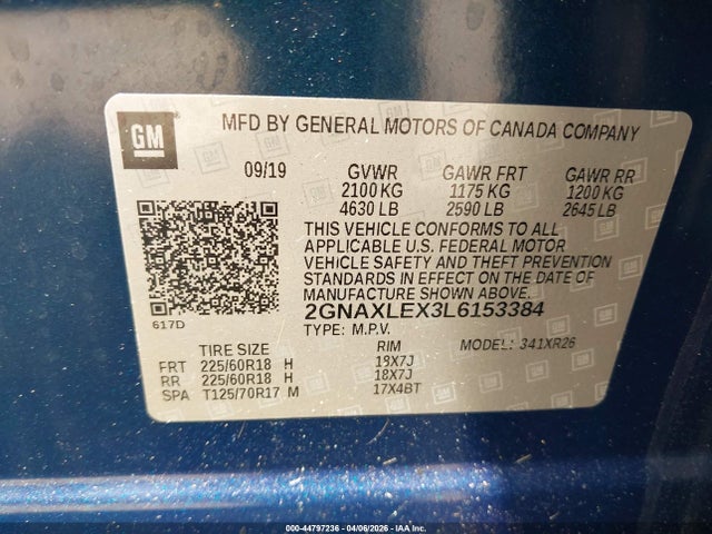 44797236 :رقم المزاد ، 2GNAXLEX3L6153384 vin ، 2020 Chevrolet Equinox Fwd Lt 2.0l Turbo مزاد بيع