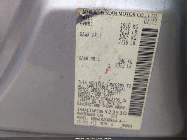 Aukcja sprzedaży 2013 Nissan Altima 2.5 S, vin: 1N4AL3AP2DN523530, numer aukcji: 44797237