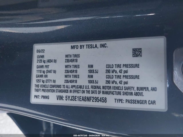 5YJ3E1EA8NF295458 Tesla Model 3 Rear-wheel Drive