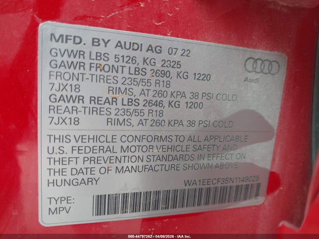 Aukcja sprzedaży 2022 Audi Q3 Premium Plus 45 Tfsi S Line Quattro Tiptronic, vin: WA1EECF35N1149025, numer aukcji: 44797262