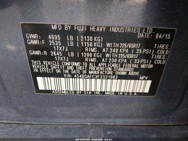 44797266 :رقم المزاد ، 4S4BSAFC3F3321902 vin ، 2015 Subaru Outback 2.5i Premium مزاد بيع