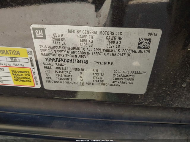 1GNKRFKDXHJ184748 Chevrolet Traverse Ls