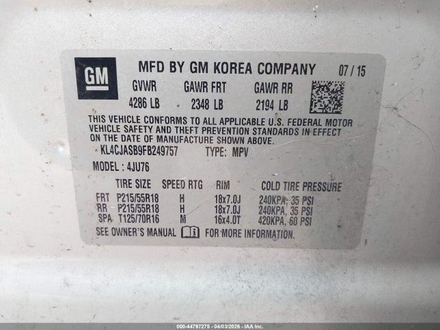 44797275 :رقم المزاد ، KL4CJASB9FB249757 vin ، 2015 Buick Encore مزاد بيع