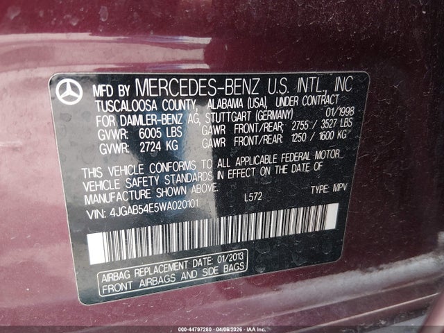 44797280 :رقم المزاد ، 4JGAB54E5WA020101 vin ، 1998 Mercedes-benz Ml 320 Classic مزاد بيع