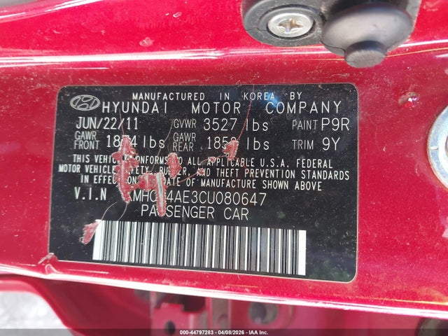 Aukcja sprzedaży 2012 Hyundai Accent Gls, vin: KMHCU4AE3CU080647, numer aukcji: 44797283