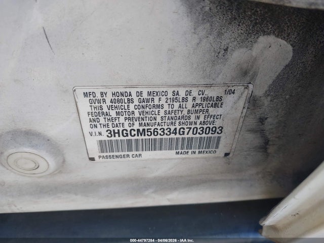 Продажа на аукционе авто 2004 Honda Accord 2.4 Lx, vin: 3HGCM56334G703093, номер лота: 44797284