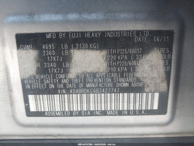 44797289 :رقم المزاد ، 4S4BRDKC6B2427747 vin ، 2011 Subaru Outback 3.6r Limited مزاد بيع