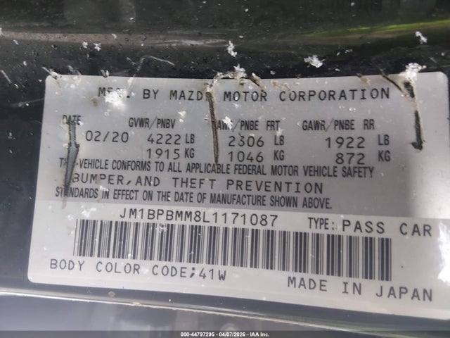 44797295 :رقم المزاد ، JM1BPBMM8L1171087 vin ، 2020 Mazda Mazda3 Preferred Package مزاد بيع