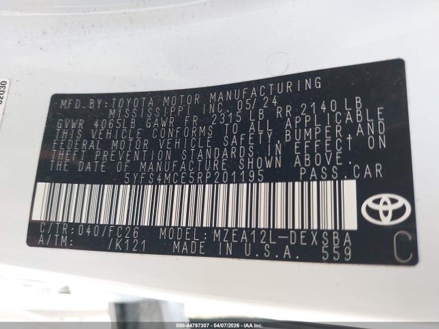 44797307 :رقم المزاد ، 5YFS4MCE5RP201195 vin ، 2024 Toyota Corolla Se مزاد بيع