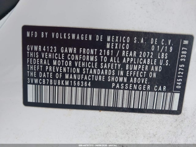 Продаж на аукціоні авто 2019 Volkswagen Jetta 1.4t R-line/1.4t S/1.4t Se, vin: 3VWCB7BU8KM156364, номер лоту: 44797313
