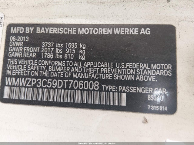 44797314 :رقم المزاد ، WMWZP3C59DT706008 vin ، 2013 Mini Convertible Cooper S مزاد بيع