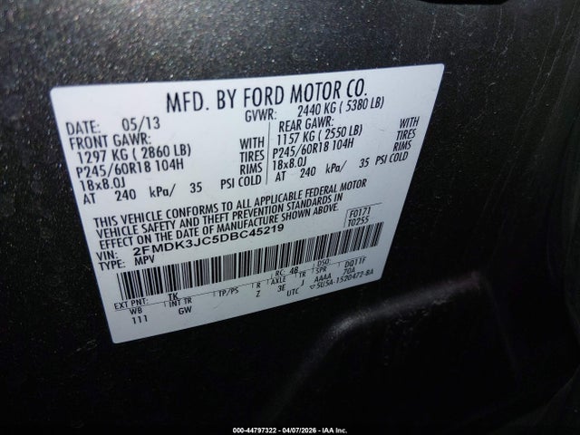 Aukcja sprzedaży 2013 Ford Edge Sel, vin: 2FMDK3JC5DBC45219, numer aukcji: 44797322