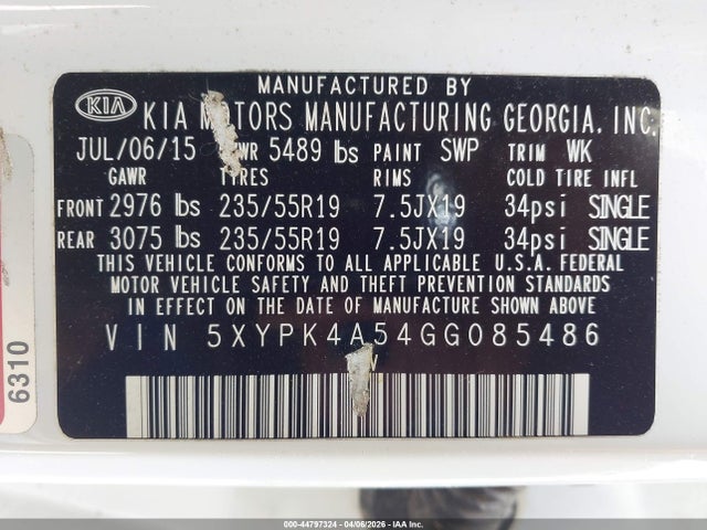 44797324 :رقم المزاد ، 5XYPK4A54GG085486 vin ، 2016 Kia Sorento 3.3l Sx مزاد بيع