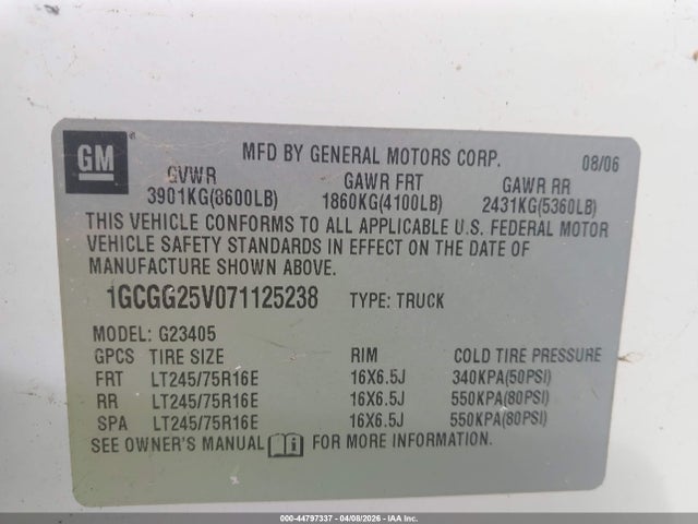 Aukcja sprzedaży 2007 Chevrolet Express Work Van, vin: 1GCGG25V071125238, numer aukcji: 44797337