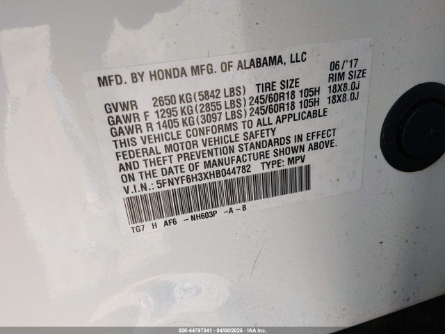 2017 Honda Pilot Ex მანქანა იყიდება აუქციონზე, vin: 5FNYF6H3XHB044782, აუქციონის ნომერი: 44797341