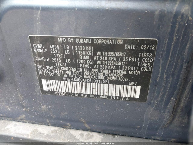 44797352 :رقم المزاد ، 4S4BSAFC6J3315021 vin ، 2018 Subaru Outback 2.5i Premium مزاد بيع
