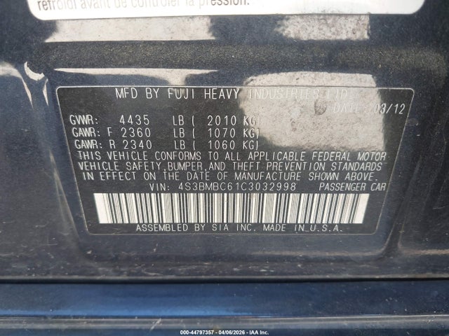 Aukcja sprzedaży 2012 Subaru Legacy 2.5i Premium, vin: 4S3BMBC61C3032998, numer aukcji: 44797357
