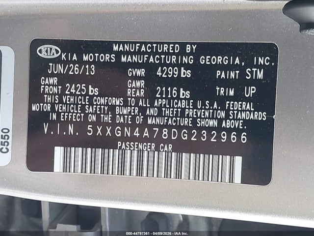 44797361 :رقم المزاد ، 5XXGN4A78DG232966 vin ، 2013 Kia Optima Ex مزاد بيع