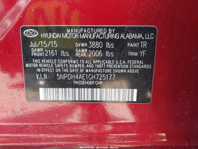 Aukcja sprzedaży 2016 Hyundai Elantra Value Edition, vin: 5NPDH4AE1GH725177, numer aukcji: 44797381
