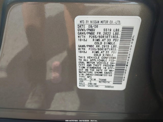 Aukcja sprzedaży 2009 Infiniti Fx35, vin: JNRAS18W89M155169, numer aukcji: 44797404