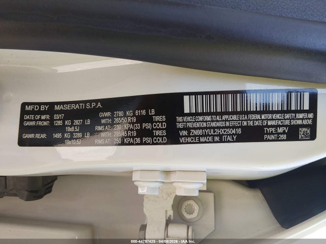 2017 Maserati Levante S მანქანა იყიდება აუქციონზე, vin: ZN661YUL2HX250416, აუქციონის ნომერი: 44797425