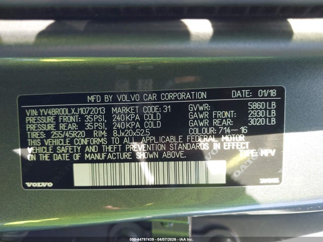 44797439 :رقم المزاد ، YV4BR0DLXJ1072013 vin ، 2018 Volvo Xc60 Hybrid T8 Inscription مزاد بيع
