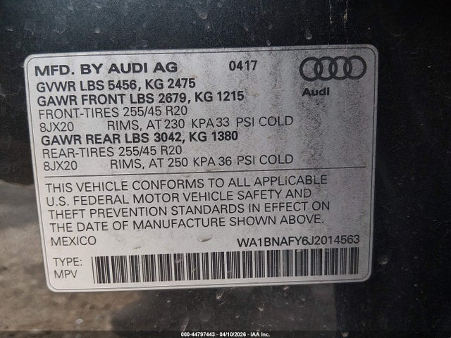 44797443 :رقم المزاد ، WA1BNAFY6J2014563 vin ، 2018 Audi Q5 2.0t Premium/2.0t Tech Premium مزاد بيع