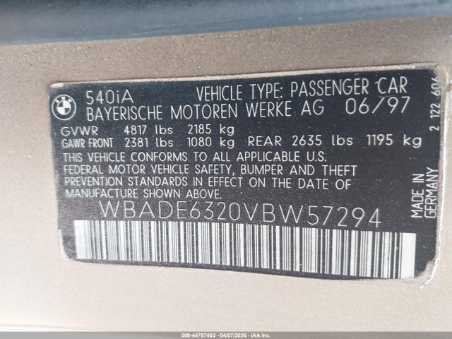 1997 Bmw 540ia მანქანა იყიდება აუქციონზე, vin: WBADE6320VBW57294, აუქციონის ნომერი: 44797463