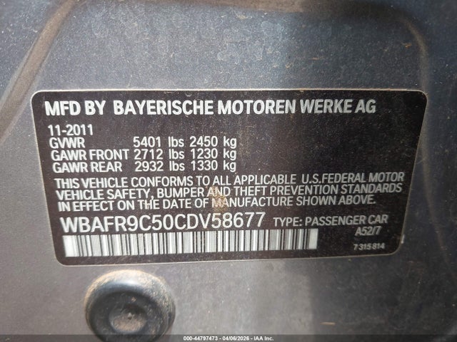 Aukcja sprzedaży 2012 Bmw 550i, vin: WBAFR9C50CDV58677, numer aukcji: 44797473