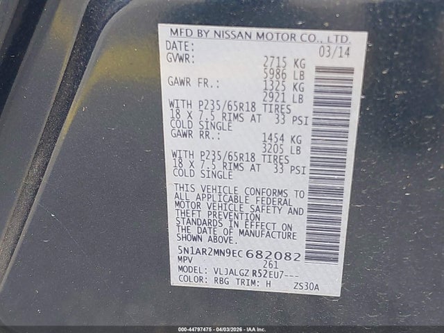 Продаж на аукціоні авто 2014 Nissan Pathfinder Sl, vin: 5N1AR2MN9EC682082, номер лоту: 44797475