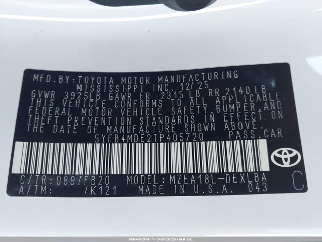 Продаж на аукціоні авто 2026 Toyota Corolla Le, vin: 5YFB4MDE2TP405720, номер лоту: 44797477