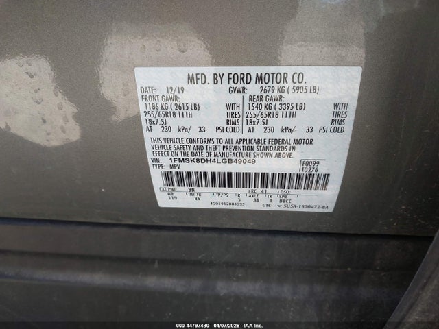 Auction sale of the 2020 Ford Explorer Xlt, vin: 1FMSK8DH4LGB49049, lot number: 44797480