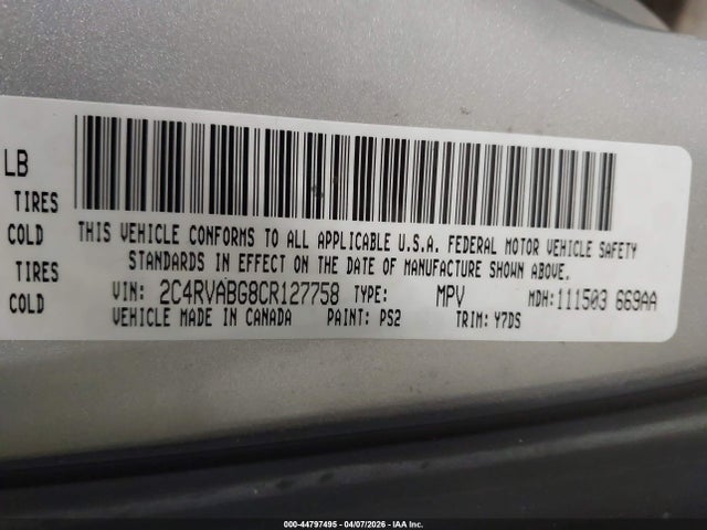 44797495 :رقم المزاد ، 2C4RVABG8CR127758 vin ، 2012 Volkswagen Routan Se مزاد بيع