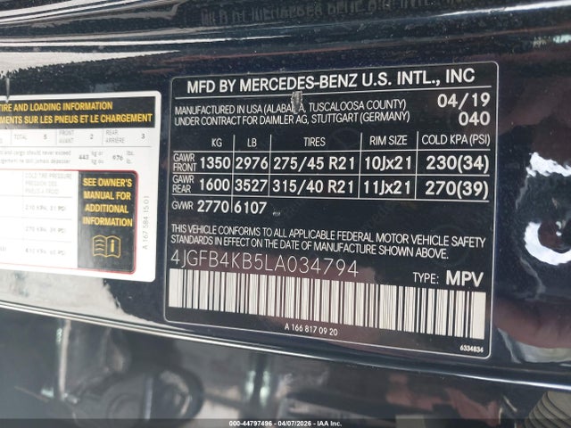 Aukcja sprzedaży 2020 Mercedes-benz Gle 350 4matic, vin: 4JGFB4KB5LA034794, numer aukcji: 44797496